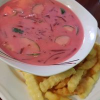 Cold beetroot soup at GYVAS baras in Vilnius