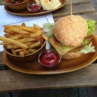 vegan burger with cheese and fries.  at Roots in Dresden