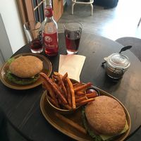 Vegan cheeseburgers and sweet potato fries  at Roots in Dresden