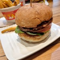 The burger (fries out of focus) at Grill'd in Cairns