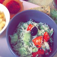 Brunch vegan (salade de riz, pancake, jus, cake, fruit...) at Les Demoiselles de Montpellier in Montpellier