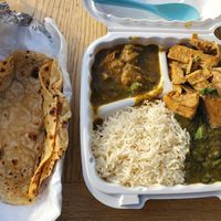 Chapati bread, Soy meat (top left) Jackfruit (top right) Spinach (bottom right) at Samosa House West in Los Angeles