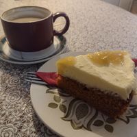 Gorgeous & v filling vegan cake with delicious soya latte. at The Cornerhouse Cafe in Berwick-upon-tweed