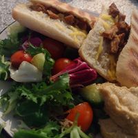 Requested tofu & vegan cheese ciabatta - v tasty, & came with mixed salad & a good dollop of hummous. at The Cornerhouse Cafe in Berwick-upon-tweed