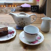 Lovely tea and cake (I think this one was sticky ginger cake) at The Cornerhouse Cafe in Berwick-upon-tweed