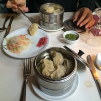 cabbage momos and soy-protein momos with coriander sauce at Pema Thang in Paris