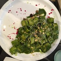 Calamarata Nera - ring pasta with black kale cream, olives, and pine nuts. at FED by Water in East London