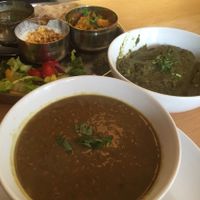 Thali tray, Saag (on Thursdays!) and the Daal of the day. at Ranjit's Kitchen in Glasgow