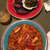 Yummy Brown Stew Tofu with Sweet Plantain and Collard Greens at Red Stripes Caribbean Cuisine and Lounge in Bluffton
