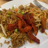 fried rice, lo mein , & bbq "meat" at Bodhi Kosher Vegetarian Restaurant in New York City
