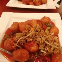 Sweet and sour 'chicken' with veggie fried rice. at Bodhi Kosher Vegetarian Restaurant in New York City