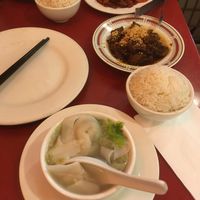 Wonton soup, Sichuan beef and bbq chicken  at Bodhi Kosher Vegetarian Restaurant in New York City