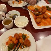 Sweet and sour chicken with rice (rice costs extra)  at Bodhi Kosher Vegetarian Restaurant in New York City