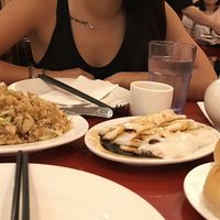 Chow fried rice with tofu / Rice rolls in soy sauce / Baked veg meat buns  at Bodhi Kosher Vegetarian Restaurant in New York City
