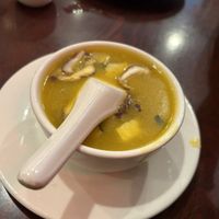 Pumpkin soup topped with mushrooms  at Bodhi Kosher Vegetarian Restaurant in New York City