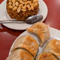 Sticky fried rice + pan fried dumplings at Bodhi Kosher Vegetarian Restaurant in New York City