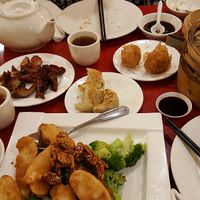 BBQ veg meat, fried taro dumplings, pan fried dumplings, soup dumplings, fake shrimp with walnut, shumai, tea at Bodhi Kosher Vegetarian Restaurant in New York City