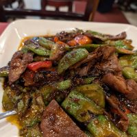 Beef with peppers and bitter melon at Bodhi Kosher Vegetarian Restaurant in New York City