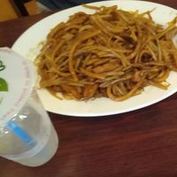 fried noodle dish (+iced tea) at Bodhi Kosher Vegetarian Restaurant in New York City