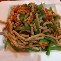 Shredded veg meat with hot green pepper at Bodhi Kosher Vegetarian Restaurant in New York City