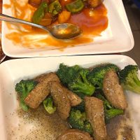 Veg Ribs in sweet and sour sauce (top) , veg chicken in black pepper sauce (bottom)  at Bodhi Kosher Vegetarian Restaurant in New York City