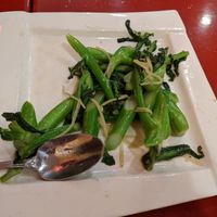 Stir fried Chinese broccoli. There was more before we ate some at Bodhi Kosher Vegetarian Restaurant in New York City