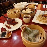 Pea pod dumplings, bbq meat, bean curd steamed, veg buns, fried rice balls , general tso chicken lunch at Bodhi Kosher Vegetarian Restaurant in New York City