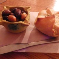 Baked almond cheese in pastry with olives at Alaska Bar in Berlin