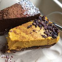 Raw cacao pie and raw pumpkin spice pie slices at Pulp + Sprout Juice Bar and Vegan Cafe in Asheville