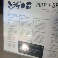 Menu 1/2  May 2024 at Pulp + Sprout Juice Bar and Vegan Cafe in Asheville