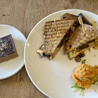 Banh Mi, Sweet Potato Salad, Millionaire Shortbread Bar   at Pulp + Sprout Juice Bar and Vegan Cafe in Asheville