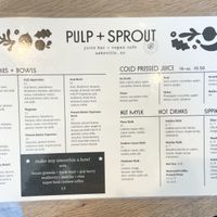 Full menu front  at Pulp + Sprout Juice Bar and Vegan Cafe in Asheville