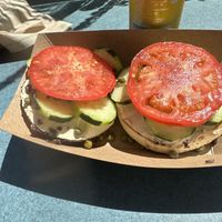 Tofu spread with capers cucumber and tomato   at Los Bagels in Eureka
