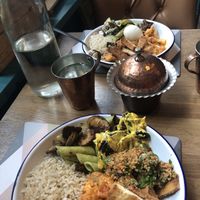 Hot bar and cold bar buffet options. Vegan for me and friend got some dairy.  at Woolley's in London