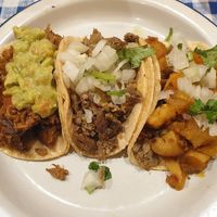 Barbacoa taco; Asada taco; Potato + chorizo taco at La Tortilleria in Kensington