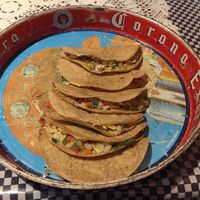 Vegan quesadillas - pico de gallo with vegan cheese at La Tortilleria in Kensington