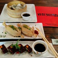shitake and spinach dumplings, lentil and green chili tamales, vegan forbidden rice sushi at VegeNation in Las Vegas