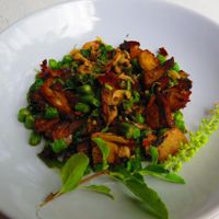 Vegan duck meat substitut pad ka pao style ..  at Babaloo Restaurant and Uma's Kitchen in Koh Tao