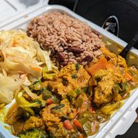 Vegan Curry Chicken, cabbage with rice and beans at Tashes Ankh in Randallstown