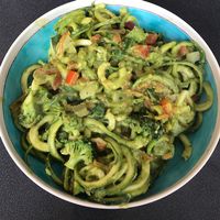 veggie style zucchini spaghetti with avocado pesto. at Raw Power in Newport