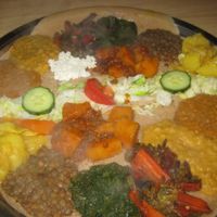 Combination plate (vegetarian on the far side, with the cottage cheese, vegan the near side - exactly the same but without the cottage cheese) at Addis Ababa in Amsterdam