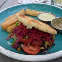 Black bean and queso crema arepa without the crema at Hola Arepa in Minneapolis