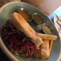 Vegan Caribbean Chickpea Arepa with Yuka fries at Hola Arepa in Minneapolis