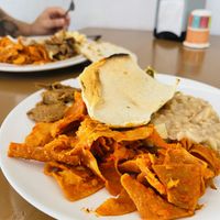 Chilaquiles with beans and tortillas (breakfast)  at Mary Restaurant Vegetariano in Puerto Vallarta