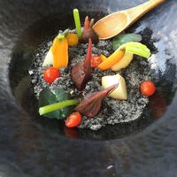 Baby veg in this amazing creamy something or other topped with ash looking something that was a truly exciting and scrum my dish!  at Sushi Samba in London