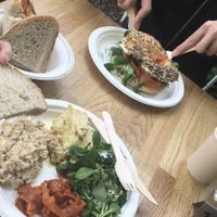 Mixed breakfast and bagel with vegan salmon   at Roslina in Warsaw