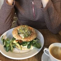 Bagel with cream cheese and vegan salmon   at Roslina in Warsaw