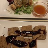 starters: vegan dimsum and tofu shashlyk  at Vegesana & One Ramen in Barcelona