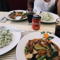 Seitan con setas y bambu, with arroz frito con verduras (without eggs) at Vegesana & One Ramen in Barcelona