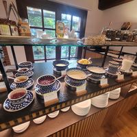 Breakfast: Various jams, several vegan yogurt alternatives, vegan chocolate spread, peanut butter, muesli.... There is a "Vegan" sign on each of the labels. at Landhaus Beckmann in Kalkar